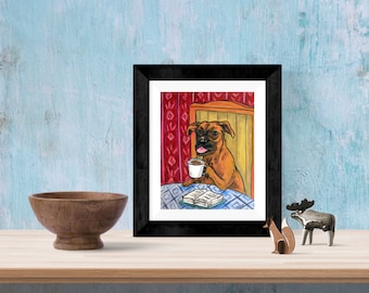 Boxer dog at the offee shop dog art print - stretched canvas or paper print - multiplre sizes available