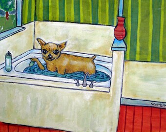 chihuahua dog taking a bath dog art print - stretched canvas or papper print - multiple sizes