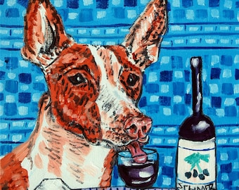 ibizan hound at the wine bar dog art print on coaster tile gift  modern folk pop art JSCHMETZ