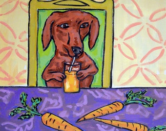 dachshund tile - dachshund art - Dachshund Drinking Carrot Juice Dog Art coaster tile GIFT  - dachshund gift