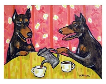 Doberman Pinscher at the cafe - tea room decor - animal wall art - dog art print - 13x19