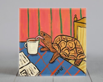 turtle art coffee decor tile coaster gift animal lover