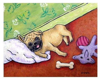pug art print - sleeping dog - stretched canvas or paper print - dog wall art home office gift