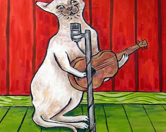 siamese cat playing guitar - art - tile coaster - animal lover gift - home decor