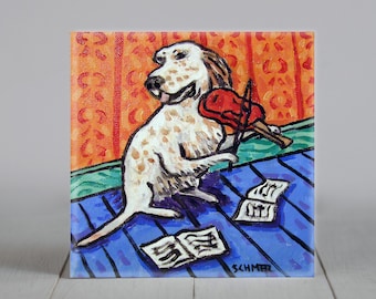English Setter Playing the Violin Dog Art coaster tile Gift - multiple sizes