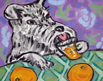 Schnauzer Drinking Orange Juice Dog Art coaster tile