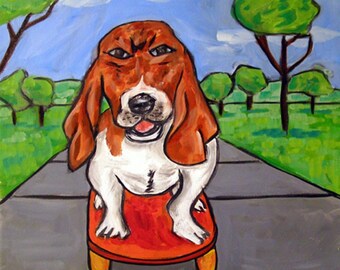 Basset Hound on a Skateboard Dog Art coaster tile