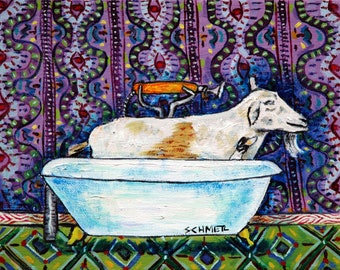 Goat taking a bath animal art print on ready to hang stretched canvas - bathroom home decor