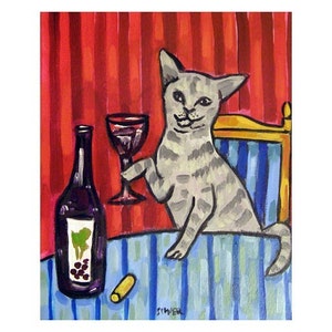 cat art - Grey Cat at the Wine Bar making a Toast Art Print, cat gifts, gift