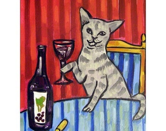 cat art - Grey Cat at the Wine Bar making a Toast Art Print, cat gifts, gift
