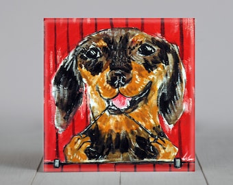 square tile,dachshund lover gift, flossing,bathroom decor, animal artwork, dental decor