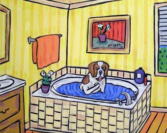Saint Bernard Taking a Bath Dog Art coaster tile Gift