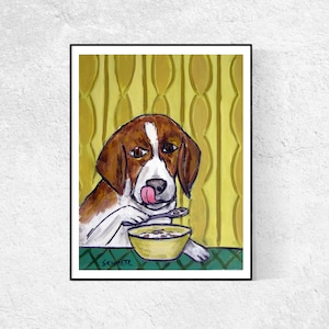 beagle eating cereal dog art print - stretched canvas or paper print - multipel sizes available