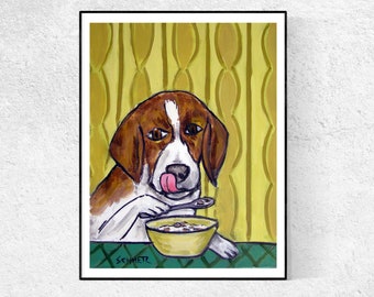 beagle eating cereal dog art print - stretched canvas or paper print - multipel sizes available