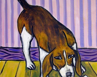 Beagle reading dog art print - stretched canvas or paper print - multple sizes available