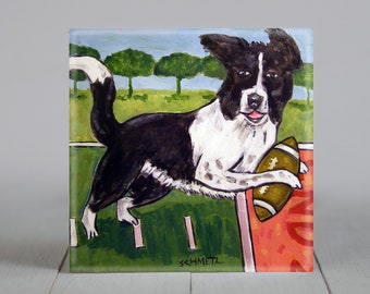 Border Collie Playing Football Dog art tile coaster - multiple sizes available