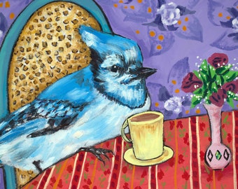 blue jay art, bird canvas print, coffee art print, animal decor