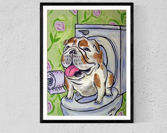 buldldog in the bathroom 13x19 dog art print - matte or paper print