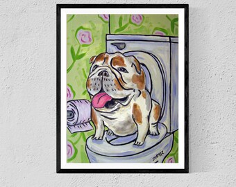 buldldog in the bathroom 13x19 dog art print - matte or paper print