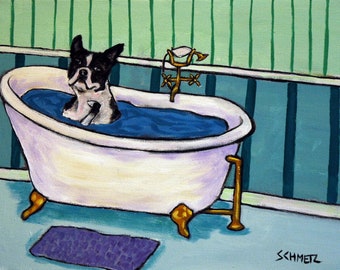 boston terrier art, boston terrier print, bathroom wall art, bath decor, dog art print - canvas dog art