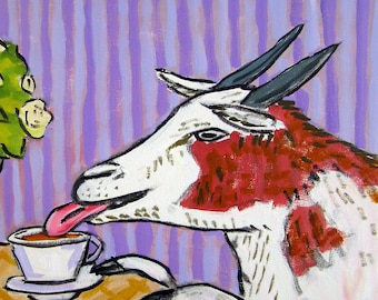 Goat at the coffee shop animal art print on ready to hang canvas print - animal home decor