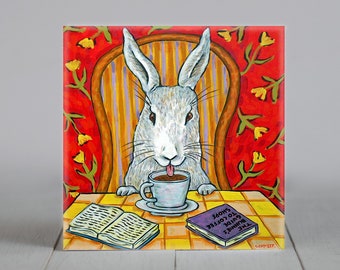 Bunny at the coffee shop - rabbit art - tile coaster - animal home decor