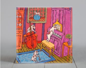 jack russell - jazz trio - dog art - tile coaster- animal lover gift - home decor