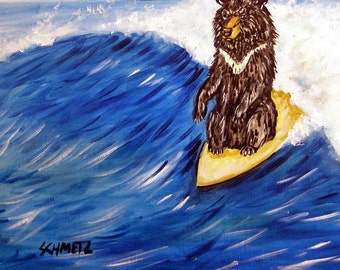 Black bear art - surfing lover gift - coaster artwork tile - multiple sizes - birthday gift for surfer