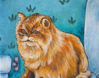 persian cat in the bathroom cat art print - stretched canvas or paper print - multiple sizes