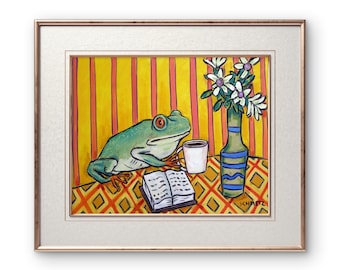 Frog Coffee Art Print | Whimsical Cottagecore Wall Decor, Funny Animal Poster, Cute Toad Drinking Coffee, Matte, Glossy, Canvas 8x10-24x30