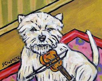 West Highland, White Terrier, westie art. violin player, dog art print by schmetz