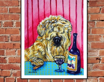 soft coated wheaten terrier matte paper or canvas wall art print - wine dog decor ready to hang