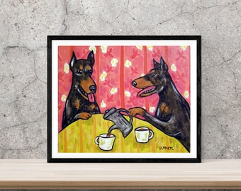 Doberman pinscher dog at the tea party dog art artwork print on ready to hang gallery wrapped canvas