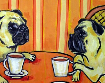 Colorful pug coffee art print on tile - coaster repoduced from an original oil painting (modern)