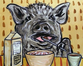 pig eating cereal animal arft tile coaster - multple sizes