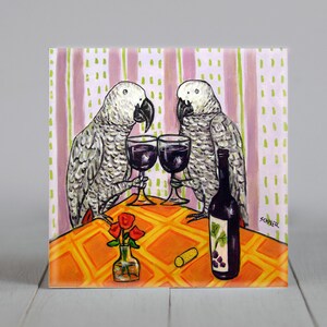 African Grey parrot at the Wine Bar Bird Art coaster tile animal decor