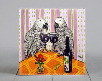 African Grey parrot at the Wine Bar Bird Art coaster tile animal decor