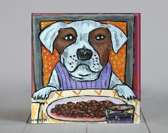 Boxer dog - square tile - decorative coaster - Dog eating dinner -  animal decor - Homeaccent - dog lover gift