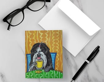 Shih Tzu At The Coffee Shop, Dog Cards, Stationary, Animal Decor, Greeting Cards. Shih Tzu Gift