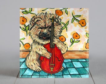 chow chow playing stand up bass - dog art - tile coaster - animal lover gift