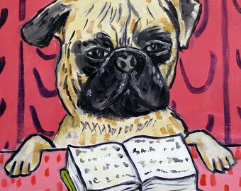 pug art, pug coaster, pug ceramic, pug print pug reading, dog art