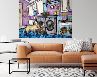 Golden Retriever doing laundry canvas art print - laundry room decor - dog art print - funny dog art