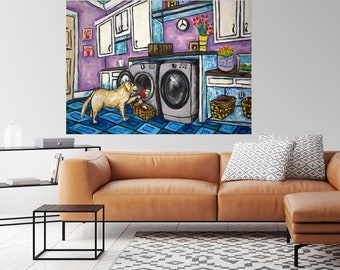 Golden Retriever doing laundry canvas art print - laundry room decor - dog art print - funny dog art