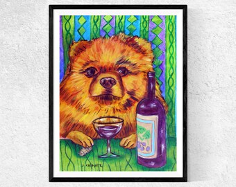 Pomeranian art - wine decor - streched canvas or paper print - multiple size avaiable - dog lover gift