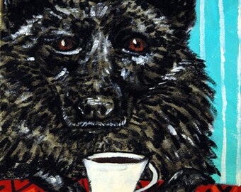 Shipirke art with coffee - dog art - tile coaster - gift