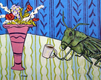 Grasshopper at the cafe coffee shop insect art print   modern