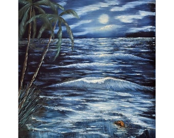 Beach Sea Scape Night Scene Print On Paper Coastal Home Decor Wall Art (g)