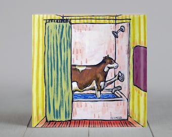 cow artwork - coaster tile - animal lover gifts - home wall art - modern folk - bathroom decor - square tile - bather