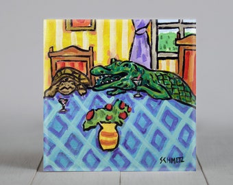turtle and alligator toasting with wine animal art tile coaster gift decor