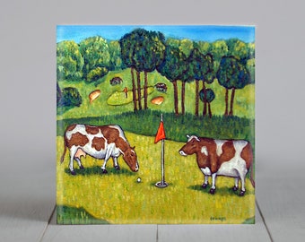 Cow art tile coaster golf grazer art decor gift pet